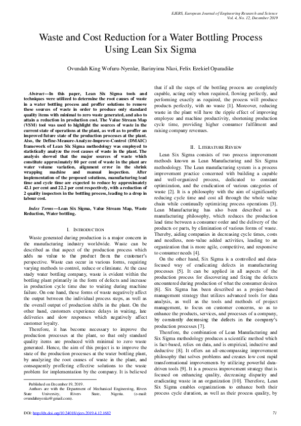 (PDF) Waste and Cost Reduction for a Water Bottling Process Using Lean ...