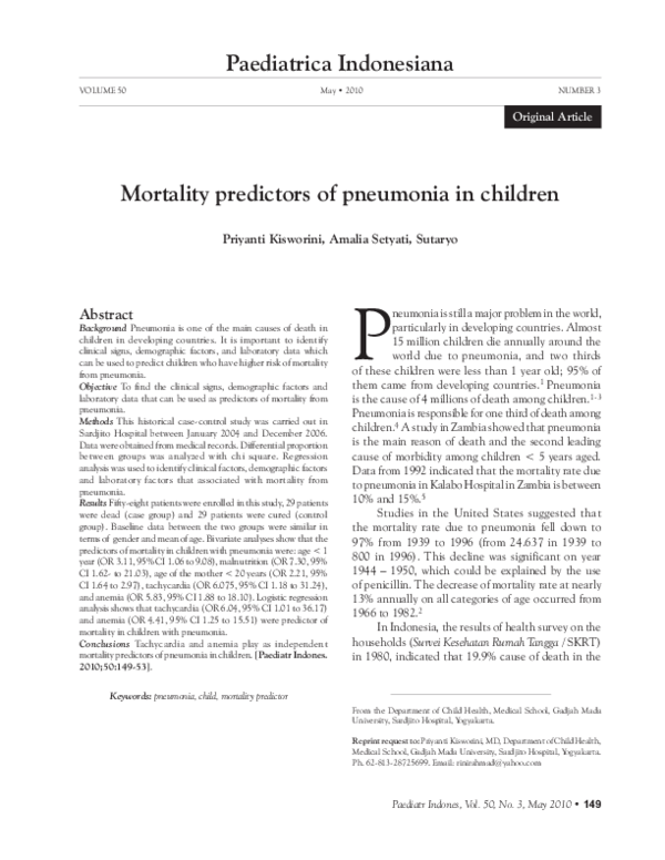 (PDF) Mortality predictors of pneumonia in children