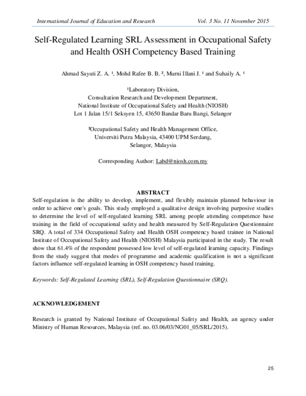 (PDF) Self-Regulated Learning SRL Assessment in Occupational Safety and ...