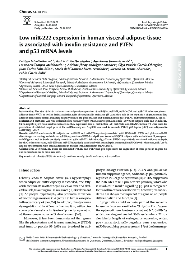 (PDF) Low miR-222 expression in human visceral adipose tissue is ...