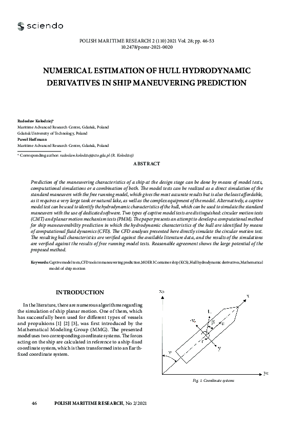 (PDF) Numerical Estimation of Hull Hydrodynamic Derivatives in Ship ...