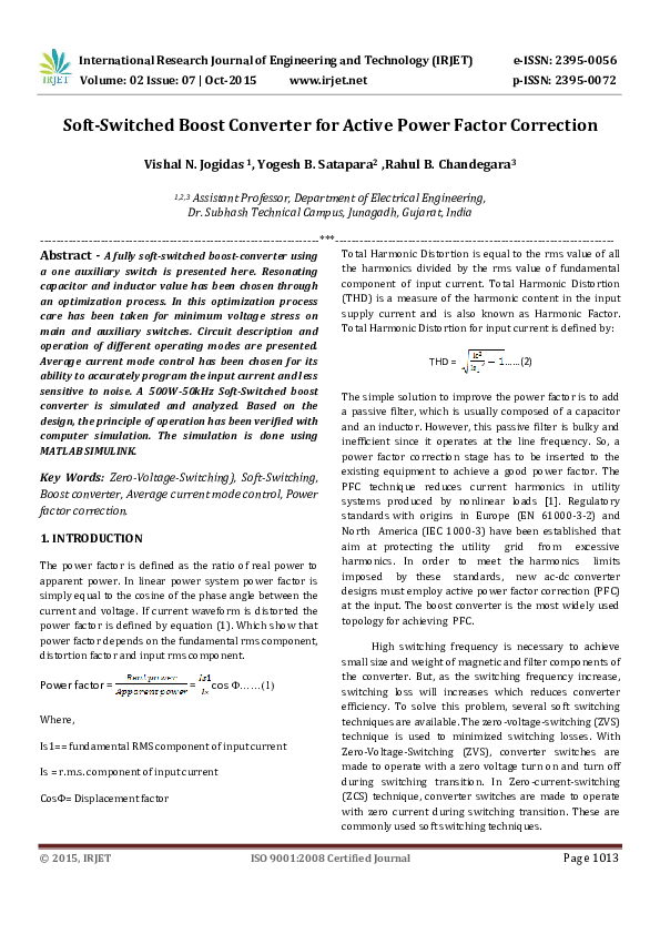 (PDF) Soft-Switched Boost Converter for Active Power Factor Correction