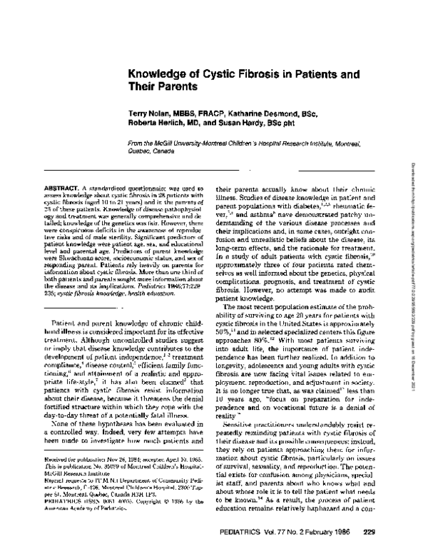 (PDF) Knowledge of Cystic Fibrosis in Patients and Their Parents