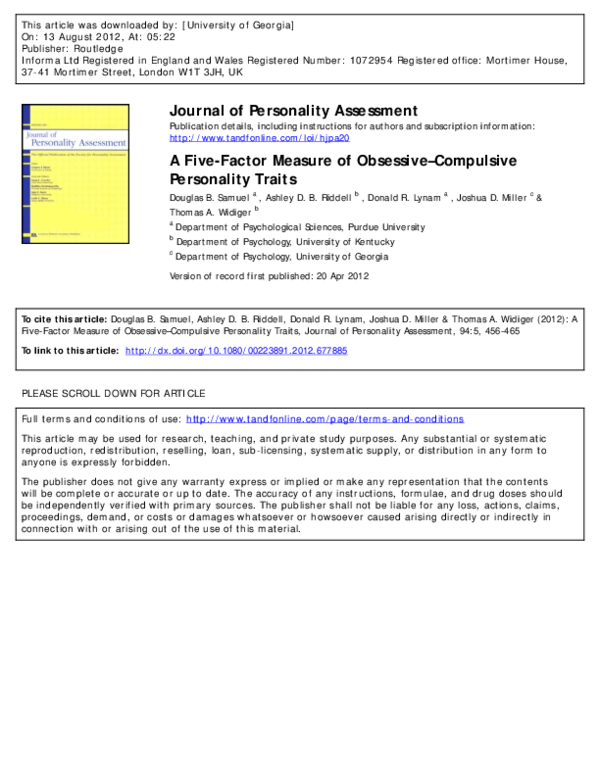 (PDF) A Five-Factor Measure of Obsessive–Compulsive Personality Traits