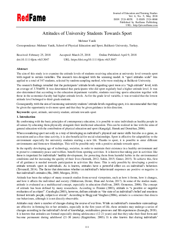 (PDF) Attitudes of University Students Towards Sport
