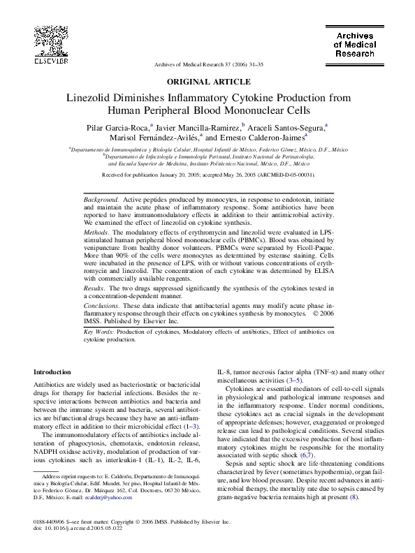 (PDF) Linezolid Diminishes Inflammatory Cytokine Production from Human ...