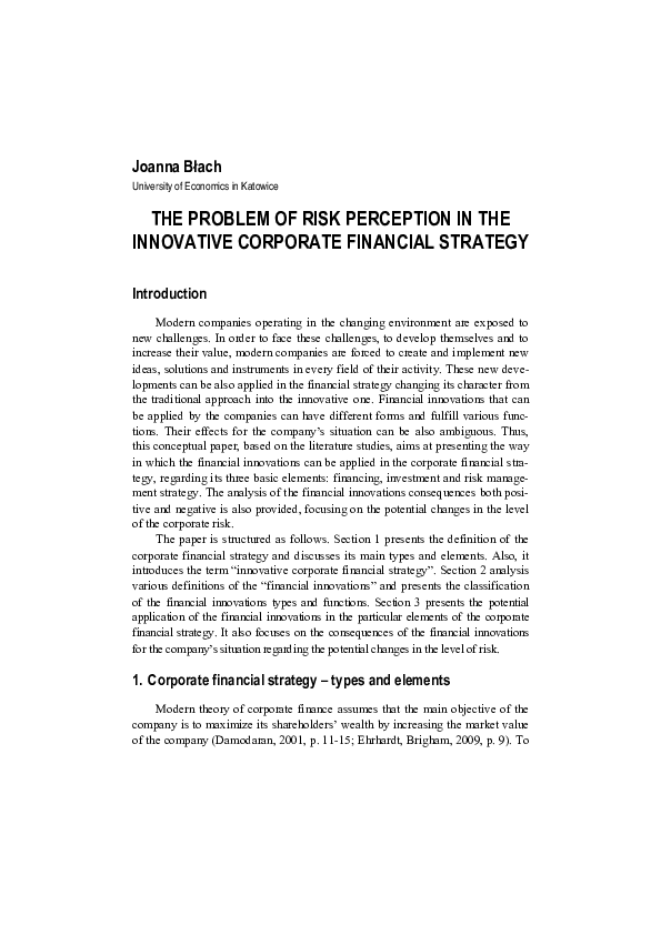 (PDF) The Problem of Risk Perception in the Innovative Corporate ...