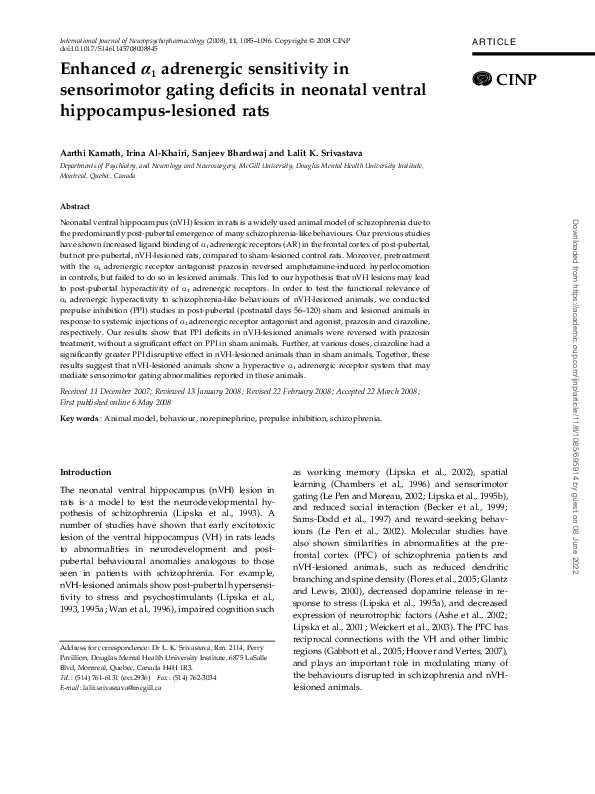 (PDF) Enhanced α1 adrenergic sensitivity in sensorimotor gating ...