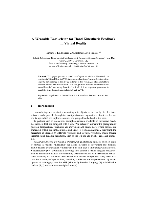 (PDF) A Wearable Exoskeleton for Hand Kinesthetic Feedback in Virtual ...