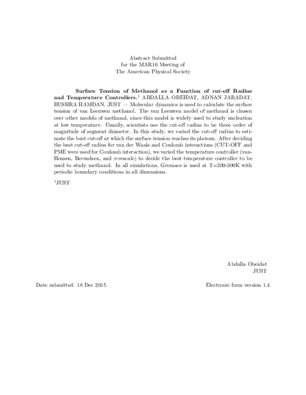 (PDF) Surface Tension of Methanol as a Function of cutoff Radius and