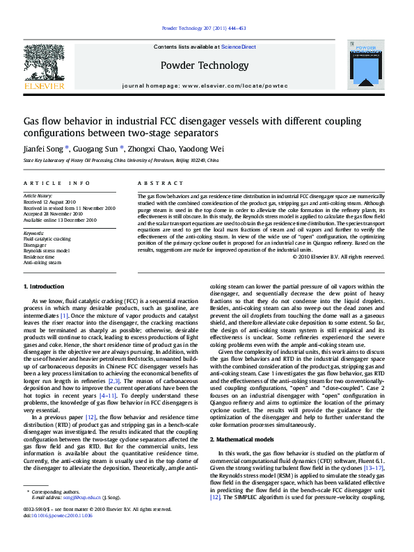 (PDF) Gas flow behavior in industrial FCC disengager vessels with ...