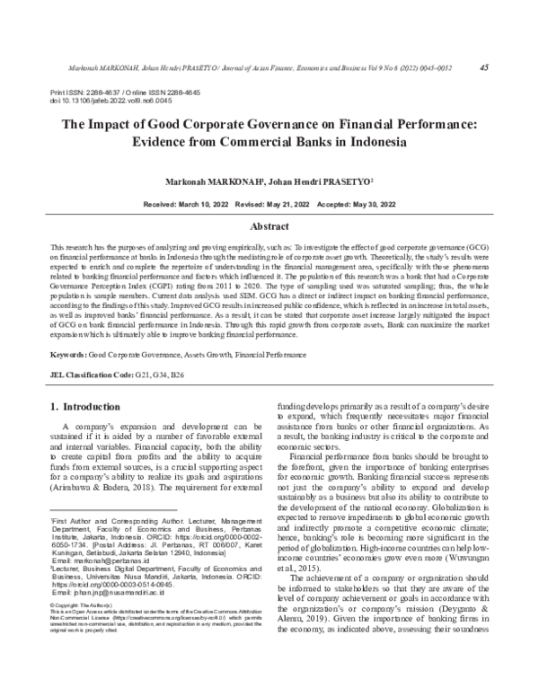 (PDF) The Impact of Good Corporate Governance on Financial Performance ...
