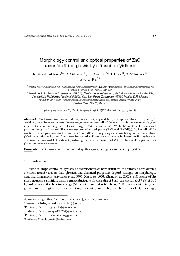 (PDF) Morphology control and optical properties of ZnO nanostructures ...