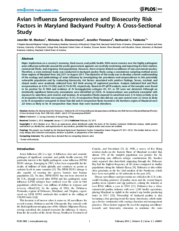 (PDF) Avian Influenza Seroprevalence and Biosecurity Risk Factors in ...