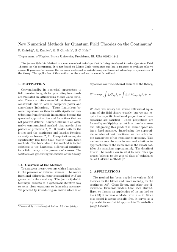 (PDF) New Numerical Methods for Quantum Field Theories on the Continuum