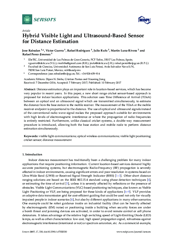 (PDF) Hybrid Visible Light and UltrasoundBased Sensor for Distance Estimation Victor Guerra