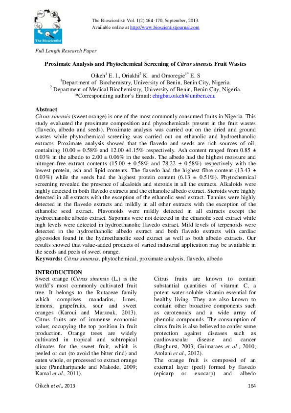 (PDF) Proximate Analysis and Phytochemical Screening of Citrus sinensis ...