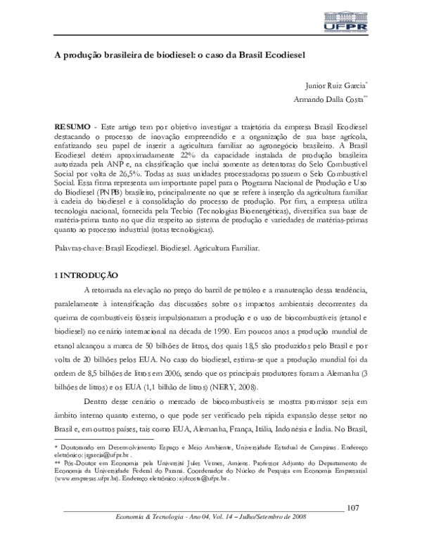 (PDF) A produção brasileira de biodiesel o caso da Brasil Ecodiesel