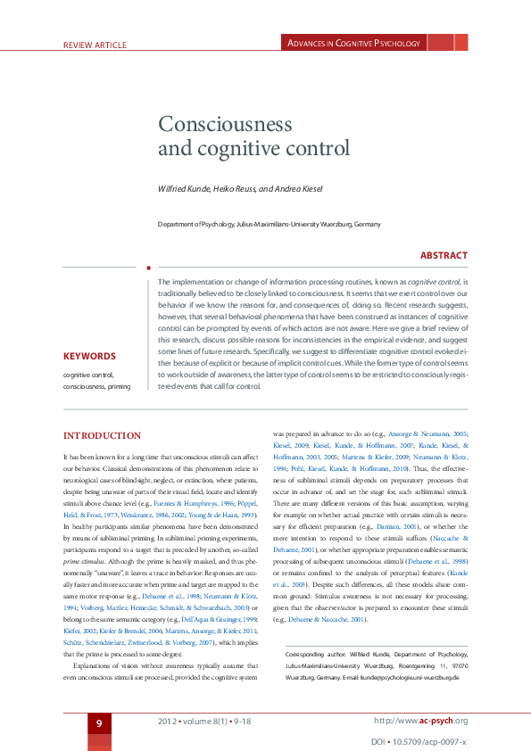 (PDF) Consciousness and cognitive control