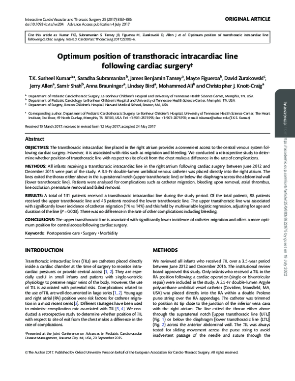 (PDF) Optimum position of transthoracic intracardiac line following ...