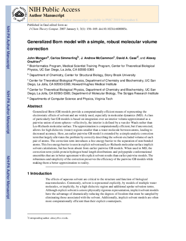 (PDF) Generalized Born Model with a Simple, Robust Molecular Volume ...