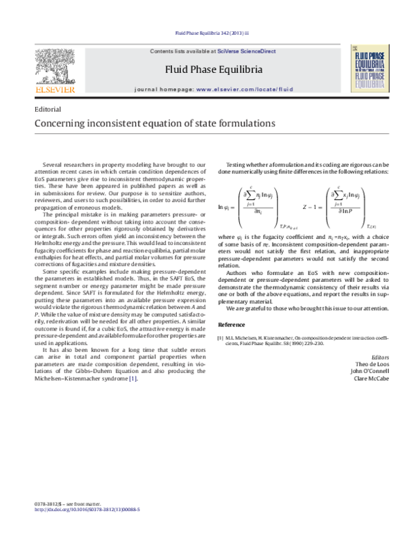 (PDF) Concerning inconsistent equation of state formulations