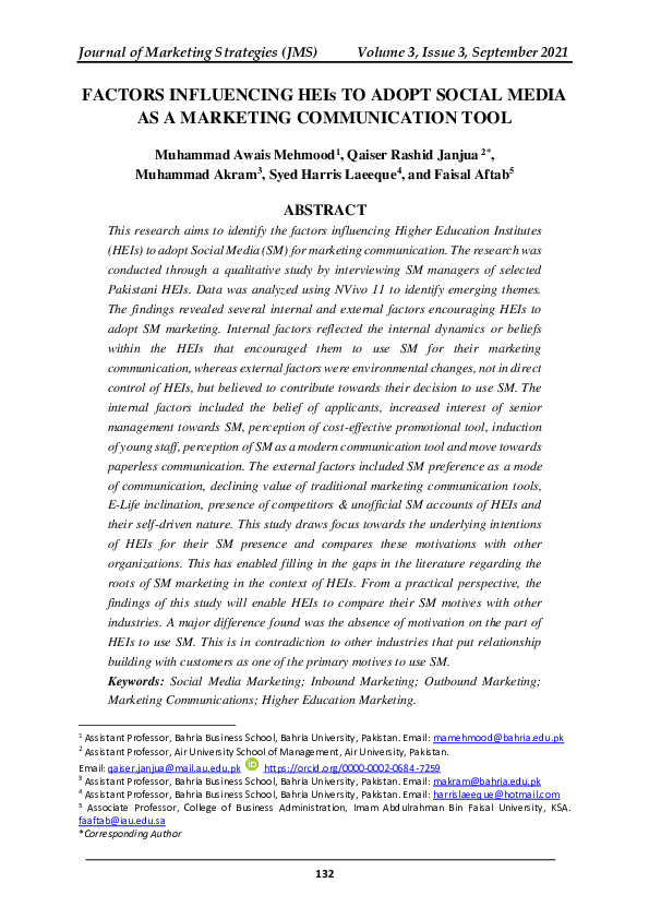 (PDF) Factors Influencing HEIs to Adopt Social Media as a Marketing ...