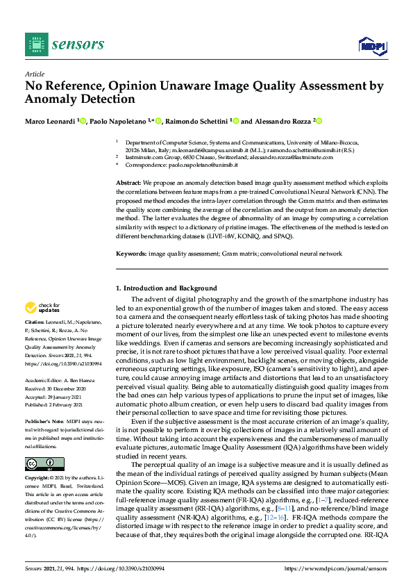 Pdf No Reference Opinion Unaware Image Quality Assessment By Anomaly