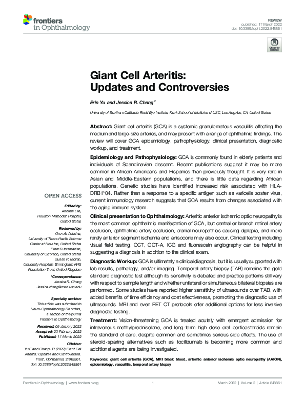 Giant Cell Arteritis: Updates and Controversies