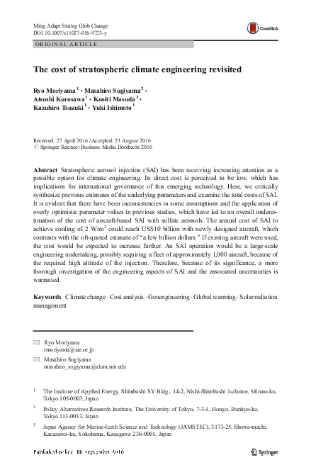 (PDF) The cost of stratospheric climate engineering revisited