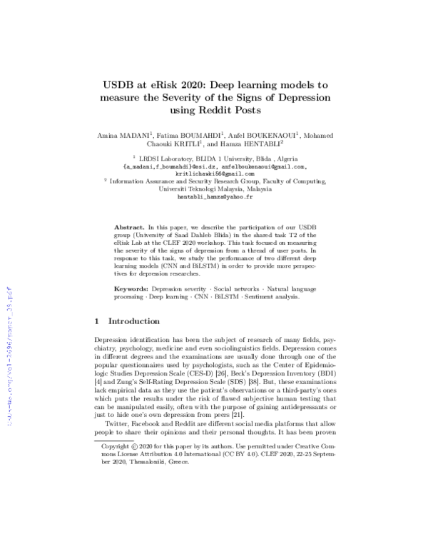 (PDF) USDB at eRisk 2020: Deep Learning Models to Measure the Severity ...
