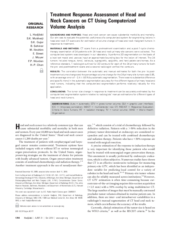(PDF) Treatment Response Assessment of Head and Neck Cancers on CT ...