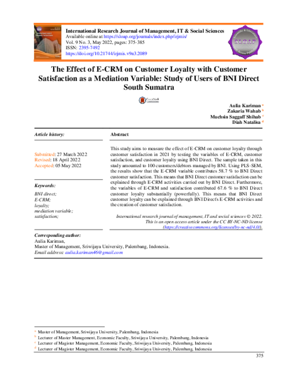 (PDF) effect of E-CRM on customer loyalty with customer satisfaction as ...