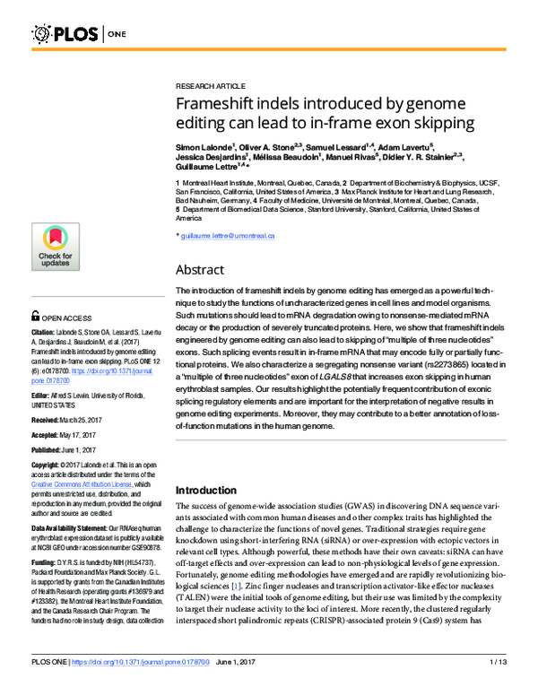 (PDF) Frameshift indels introduced by genome editing can lead to inframe exon skipping