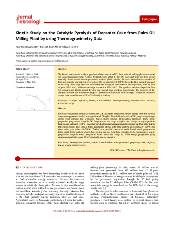 (PDF) Study on the Catalytic Pyrolysis of Decanter Cake from