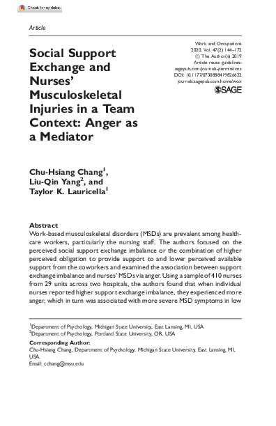 (PDF) Social Support Exchange and Nurses’ Musculoskeletal Injuries in a ...