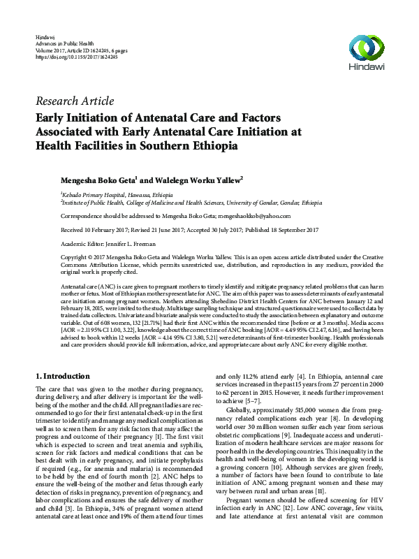 (PDF) Early Initiation of Antenatal Care and Factors Associated with ...