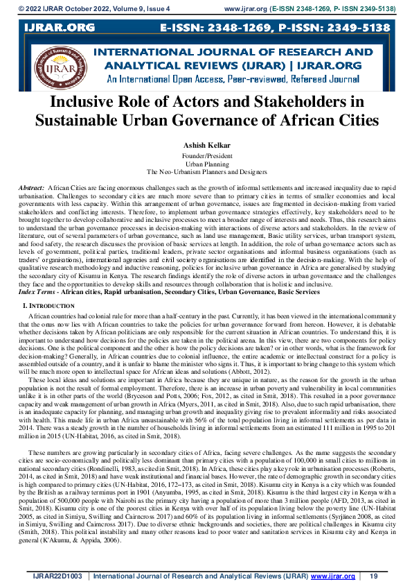 (PDF) Inclusive Role of Actors and Stakeholders in Sustainable Urban ...