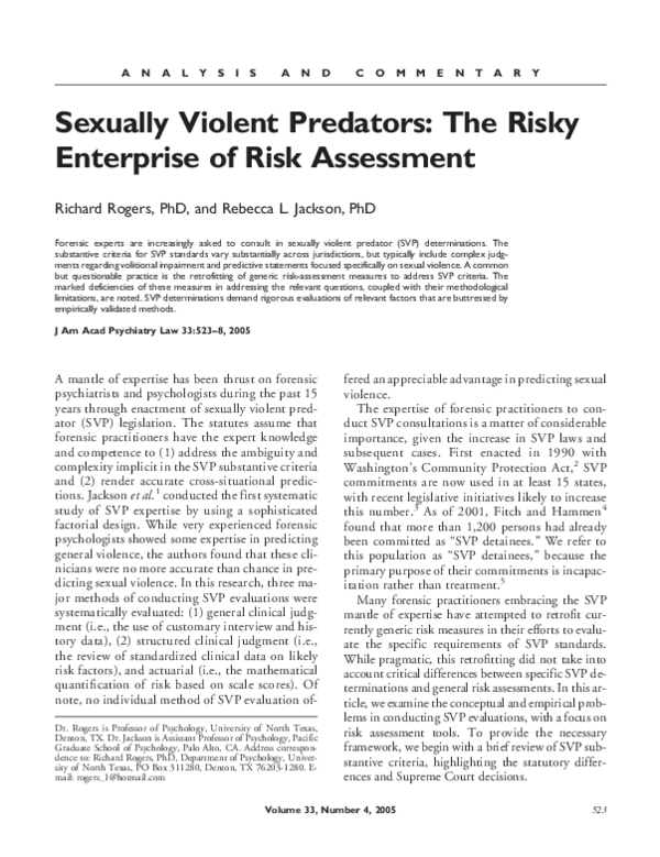 (PDF) Sexually violent predators: the risky enterprise of risk assessment