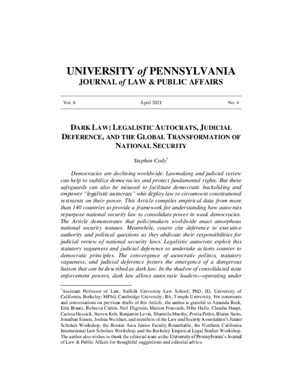 (PDF) Dark Law: Legalistic Autocrats, Judicial Deference, and the ...