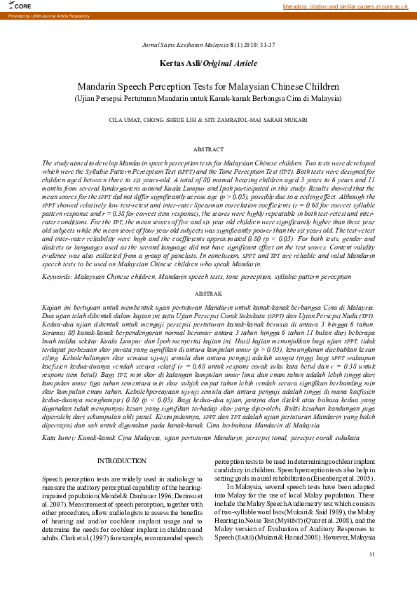 (PDF) Mandarin Speech Perception Tests for Malaysian Chinese Children