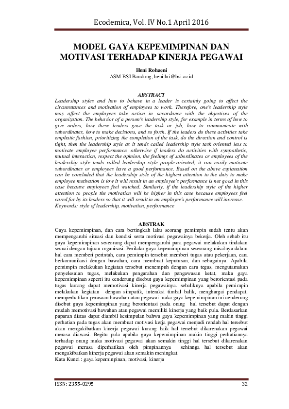 Pdf Model Gaya Kepemimpinan Dan Motivasi Terhadap Kinerja Pegawai
