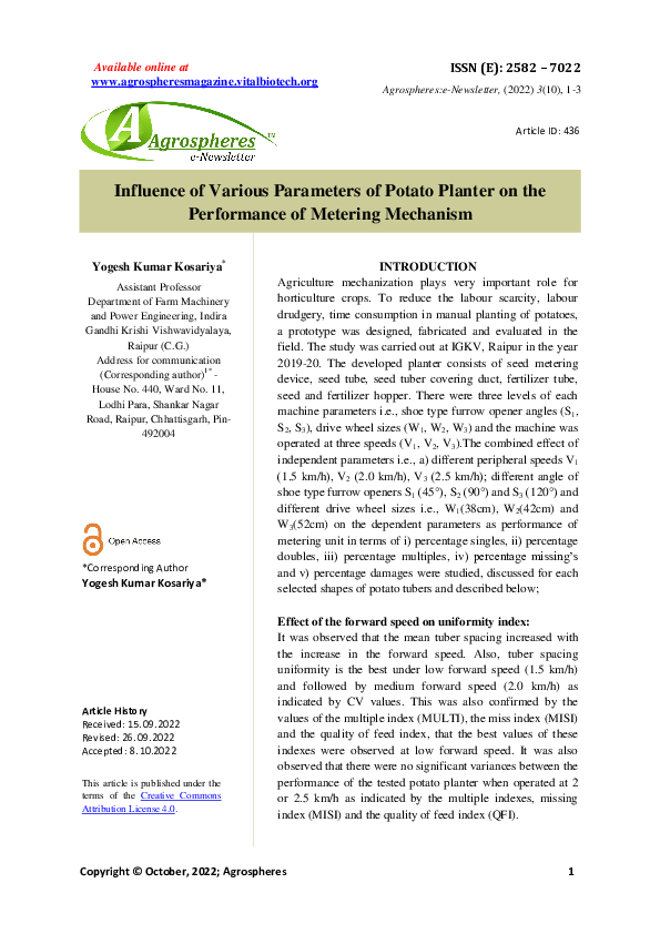 (PDF) Influence of Various Parameters of Potato Planter on the ...