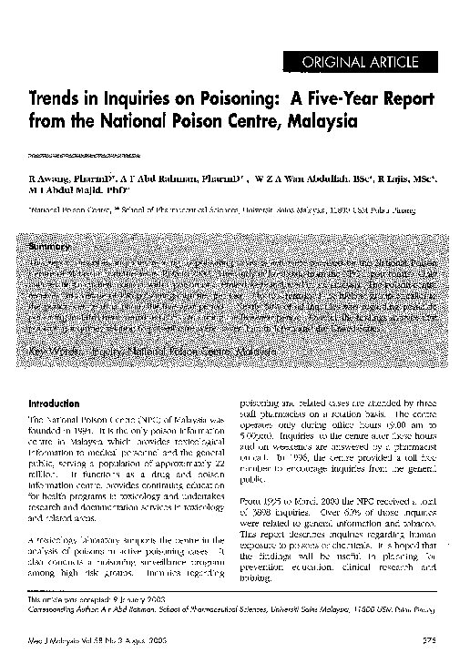 (PDF) Trends in inquiries on poisoning: a five-year report from the ...