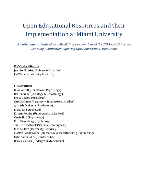 (PDF) Open Educational Resources and their Implementation at Miami ...
