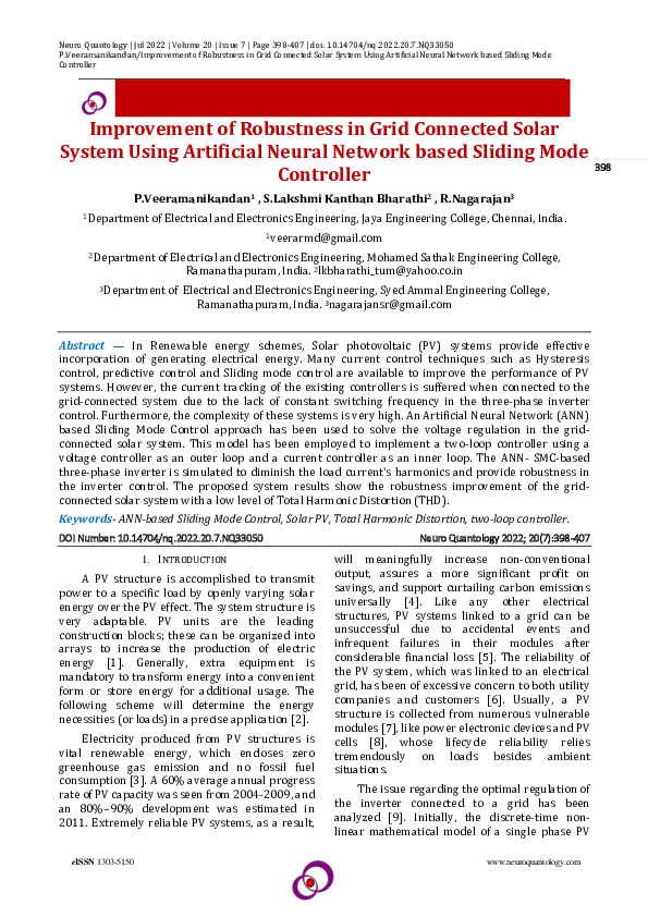 (PDF) Improvement of Robustness in Grid Connected Solar System Using ...