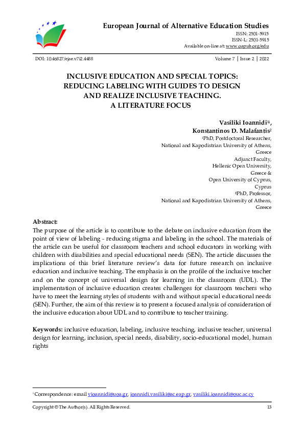 (PDF) Inclusive education and special topics: reducing labeling with ...