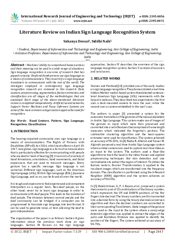 (PDF) Literature Review on Indian Sign Language Recognition System