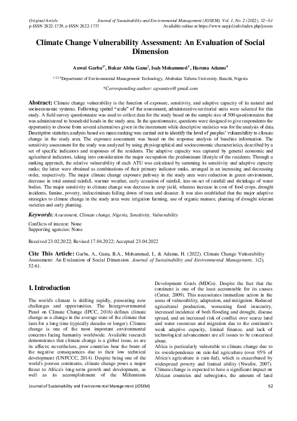 (PDF) Climate Change Vulnerability Assessment: An Evaluation of Social ...