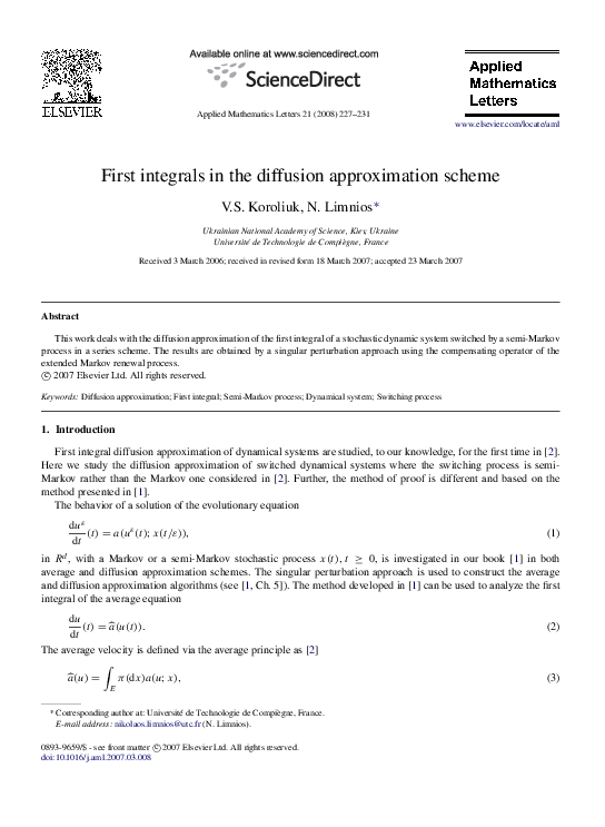 (PDF) First integrals in the diffusion approximation scheme